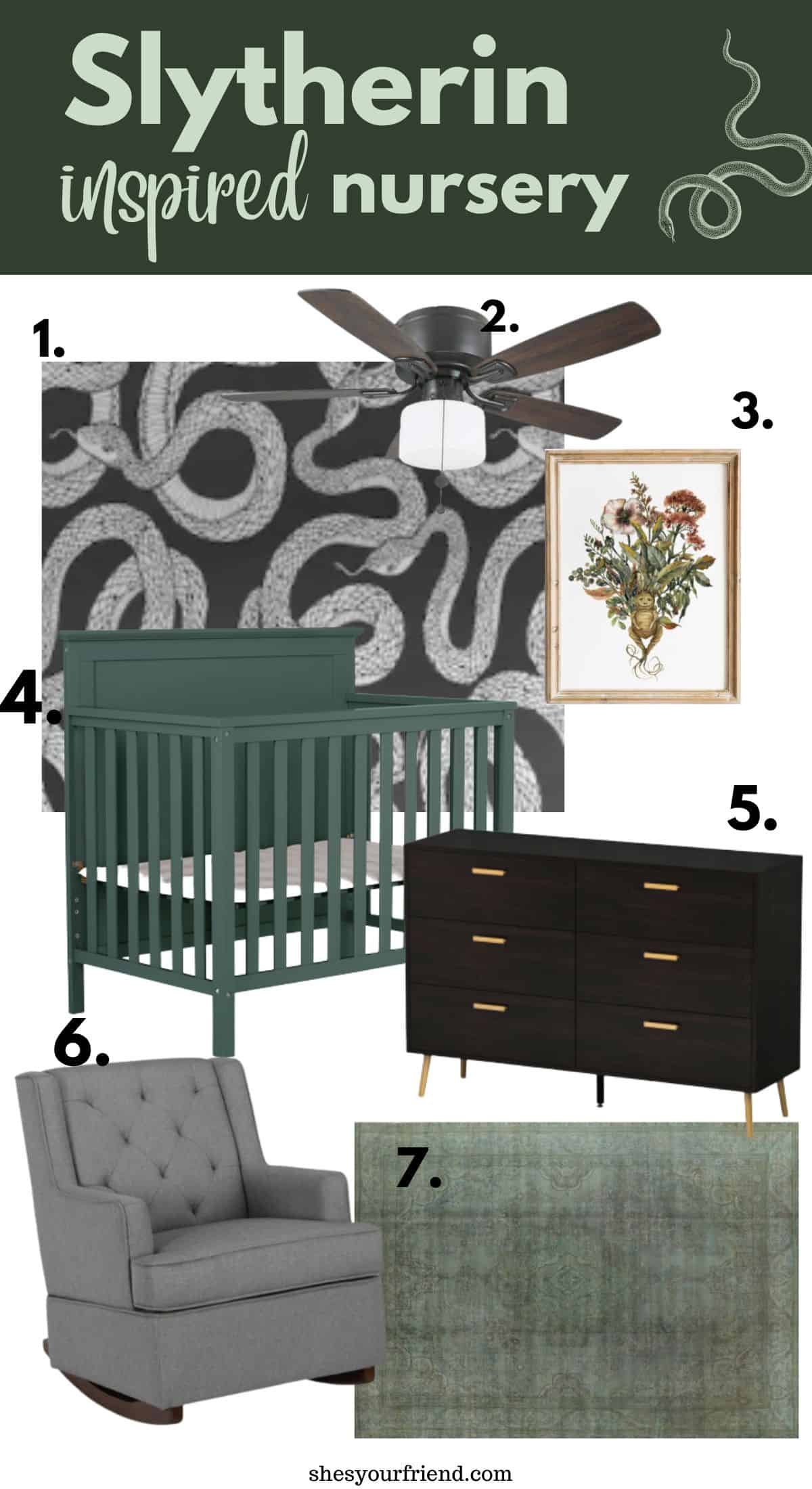 baby nursery collage of wallpaper ceiling fan wall art crib dresser rocker and area rug with text overlay that reads Slytherin inspired nursery