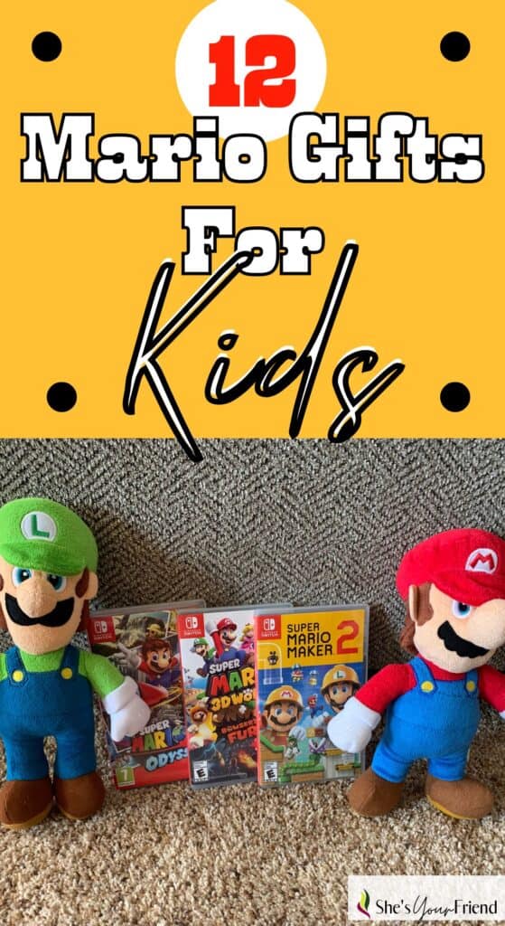 a mario plush a luigi plush and three super mario games with text overlay that reads twelve mario gifts for kids