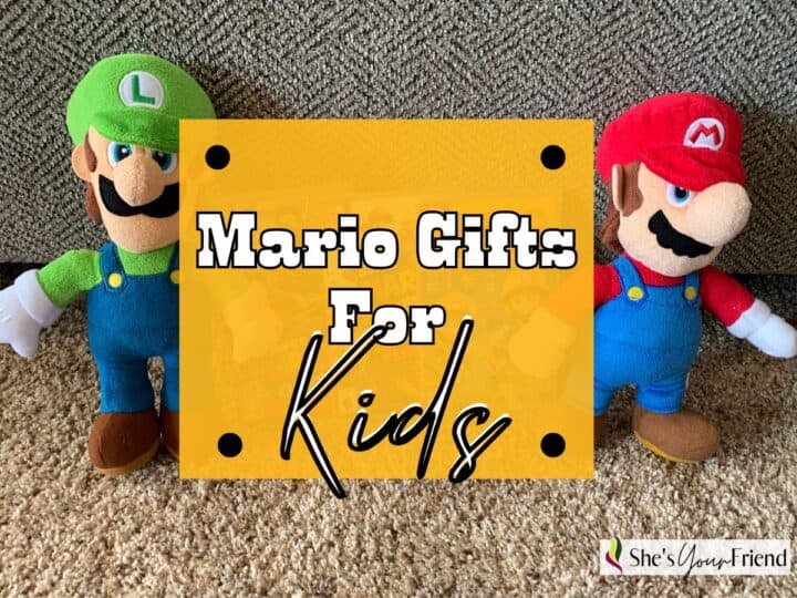 mario and luigi plush with text overlay that reads mario gifts for kids