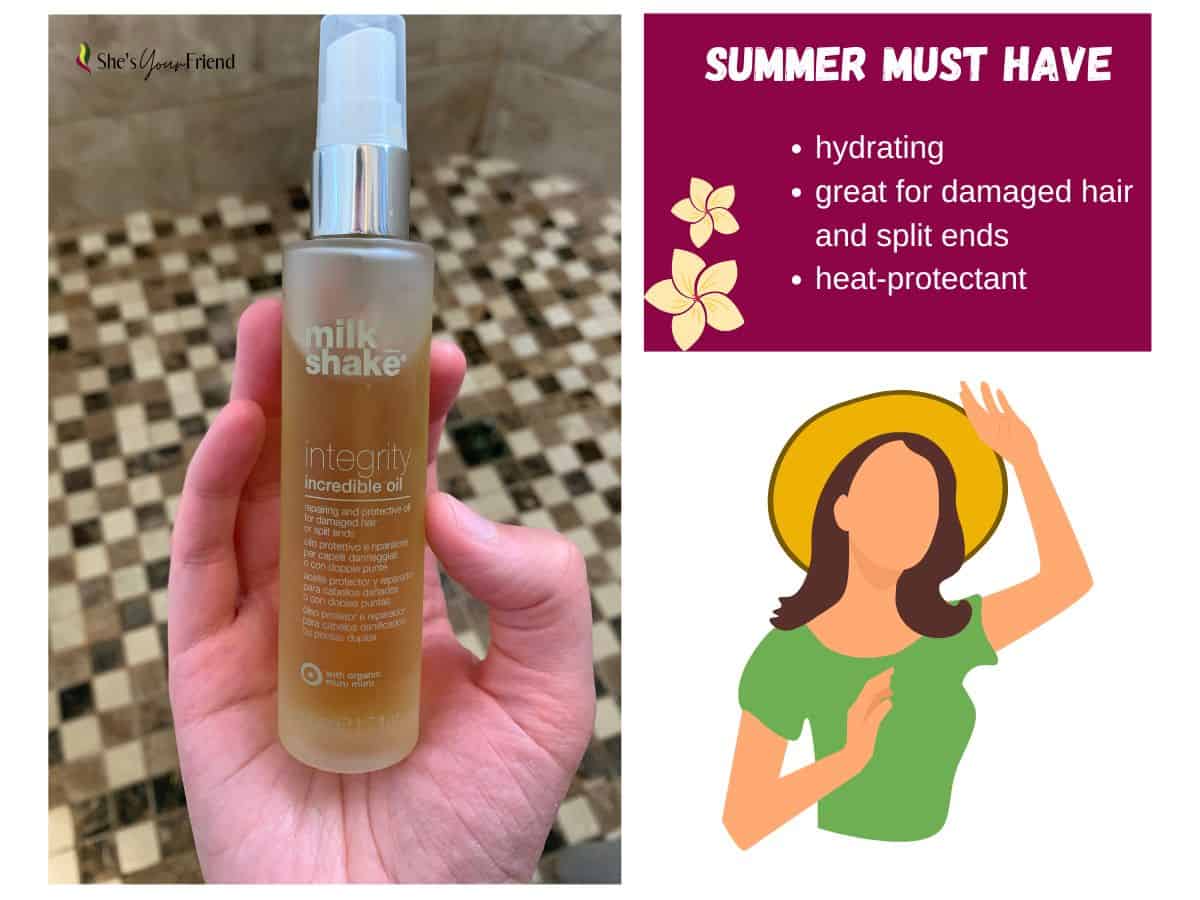 a bottle of milk shake incredible hair oil with text that says summer must have hydrating great for damaged hair and split ends heat protectant