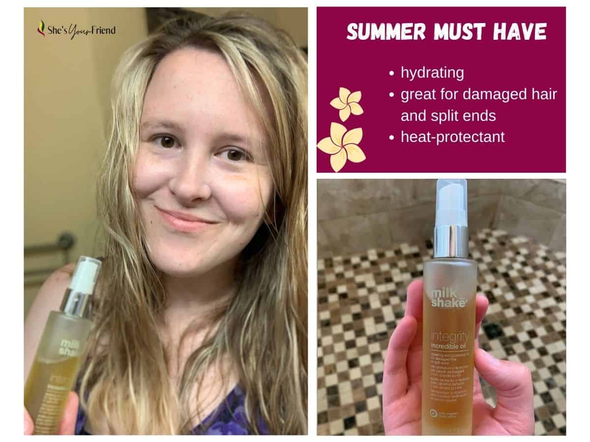 collage of a woman with milk shake integrity hair oil and text overlay that reads summer must have hydrating, great for damaged hair and split ends, heat protectant