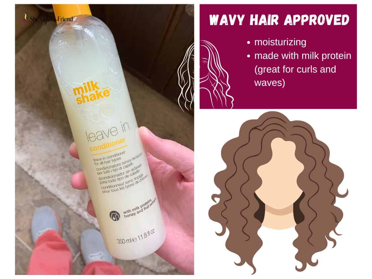 a bottle of leave in conditioner that says wavy hair approved moisturizing made with milk protein great for curls and waves