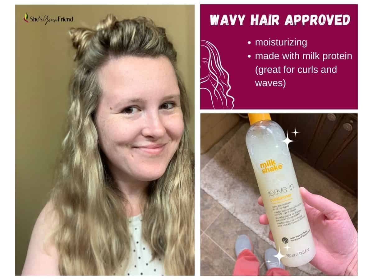 collage of a woman with wavy hair a leave in conditioner and text overlay that reads wavy hair approved moisturizing made with milk protein great for curls and waves