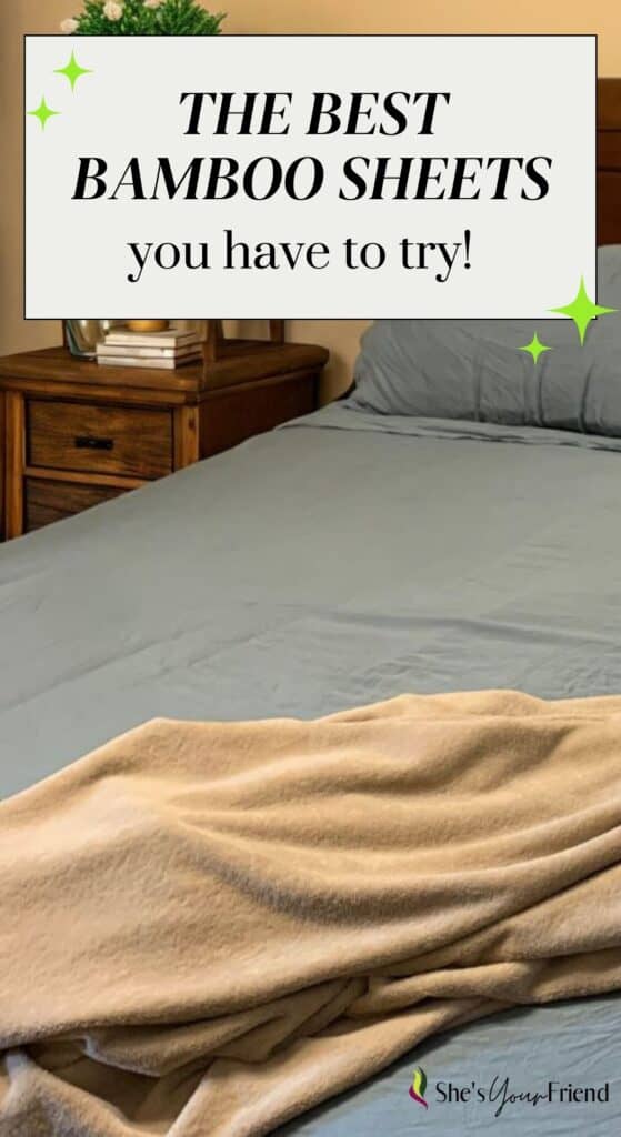 a bedroom with blue bamboo sheets and a blanket with text overlay that reads the best bamboo sheets you have to try