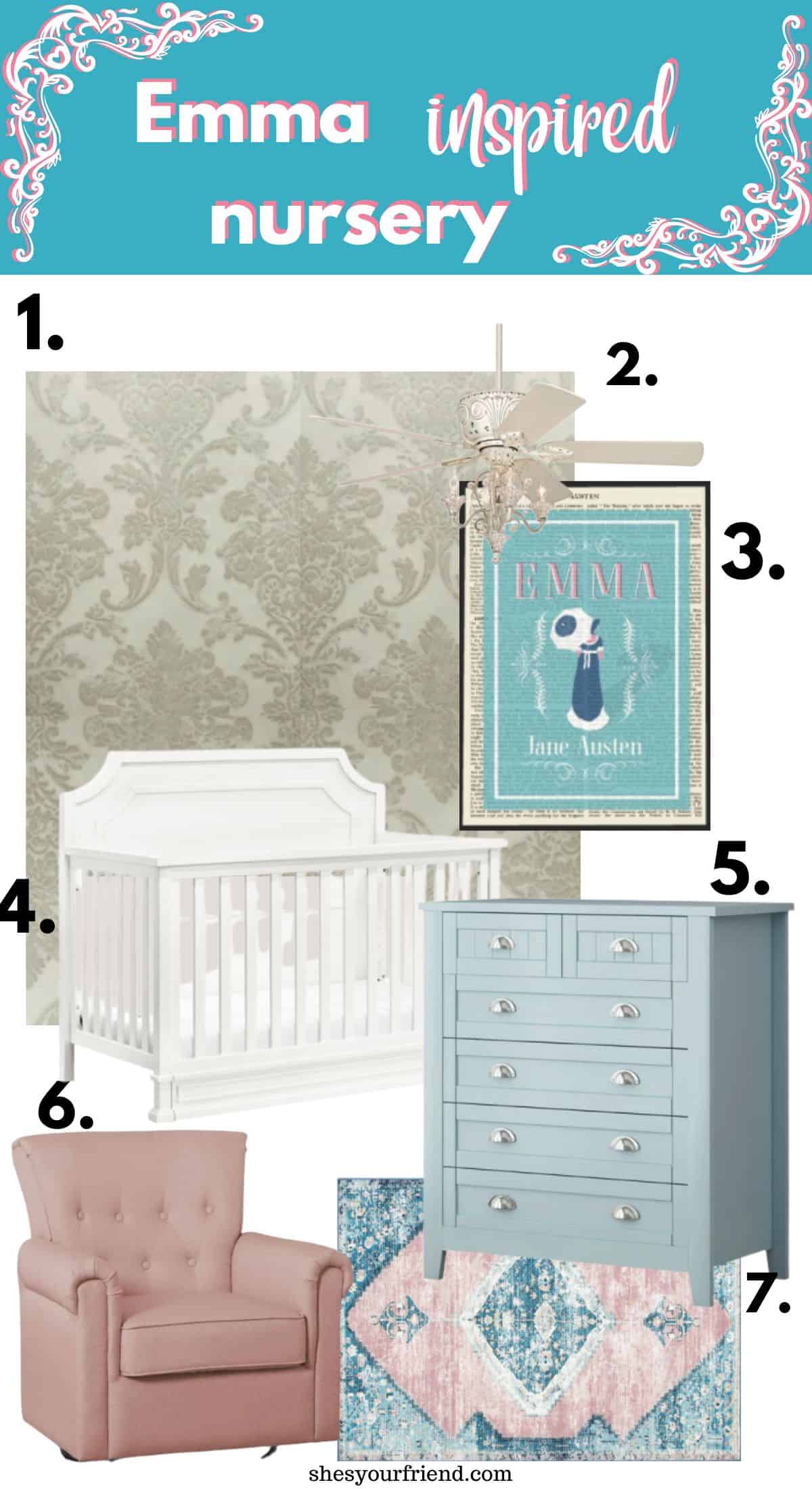 collage of wallpaper ceiling fan wall art crib dresser glider and area rug with text overlay that reads emma inspired nursery