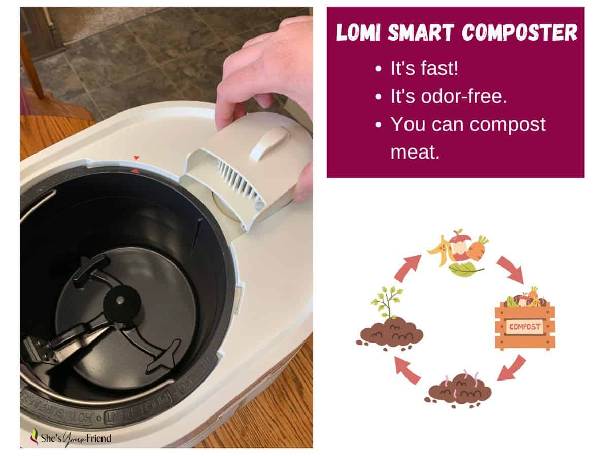 lomi composter with text that says lomi smart composter its fast its oder free you can compost meat