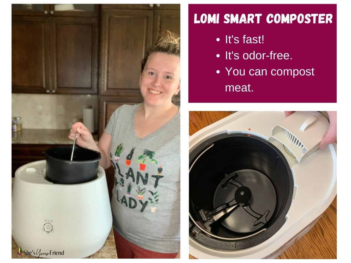 a mom with her Lomi smart composter and text overlay that reads lomi smart composter its fast it's odor free you can compost meat.