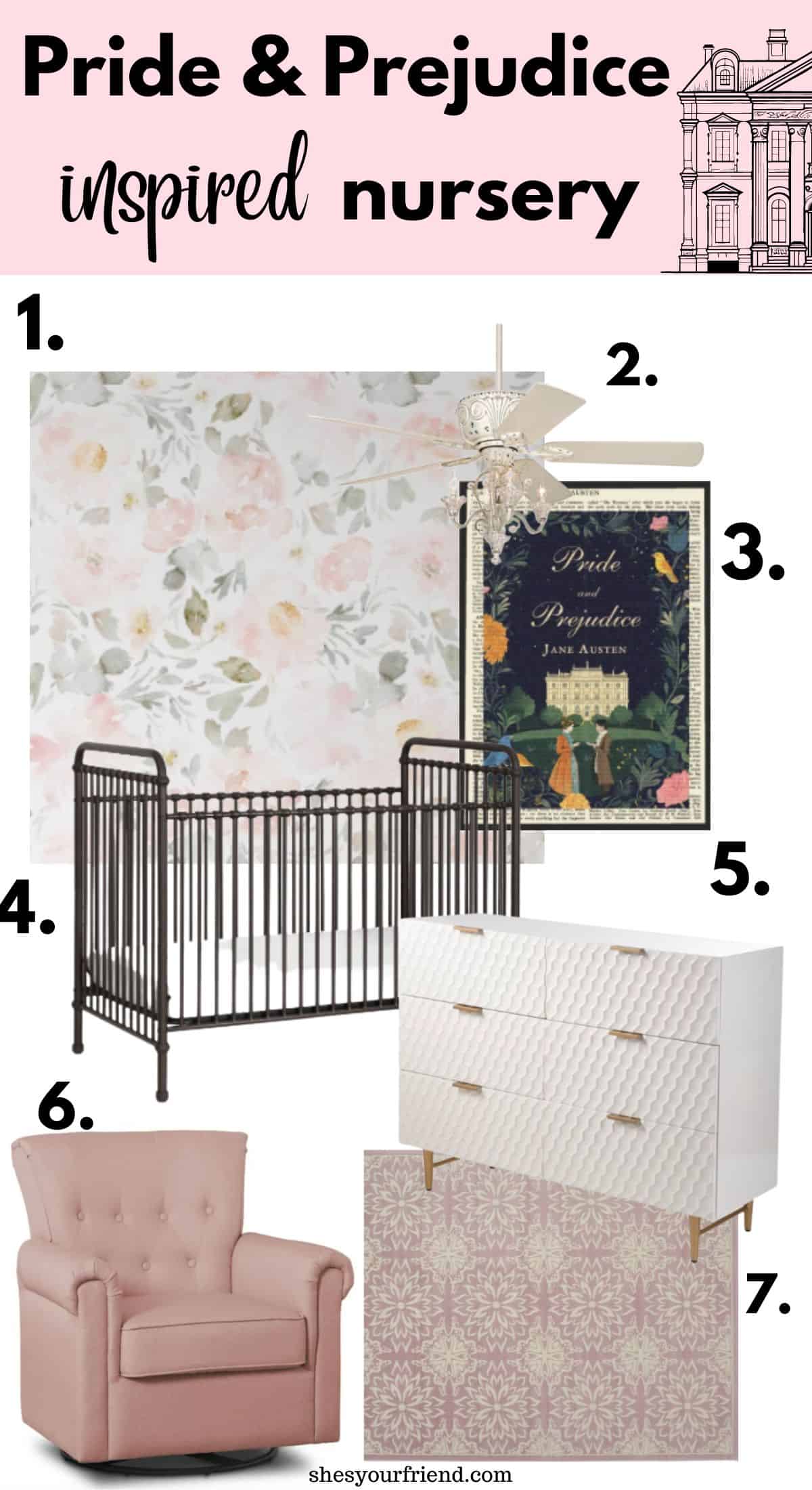 collage showing wallpaper wall art crib dresser glider and an area rug with text overlay that reads pride and prejudice inspired nursery