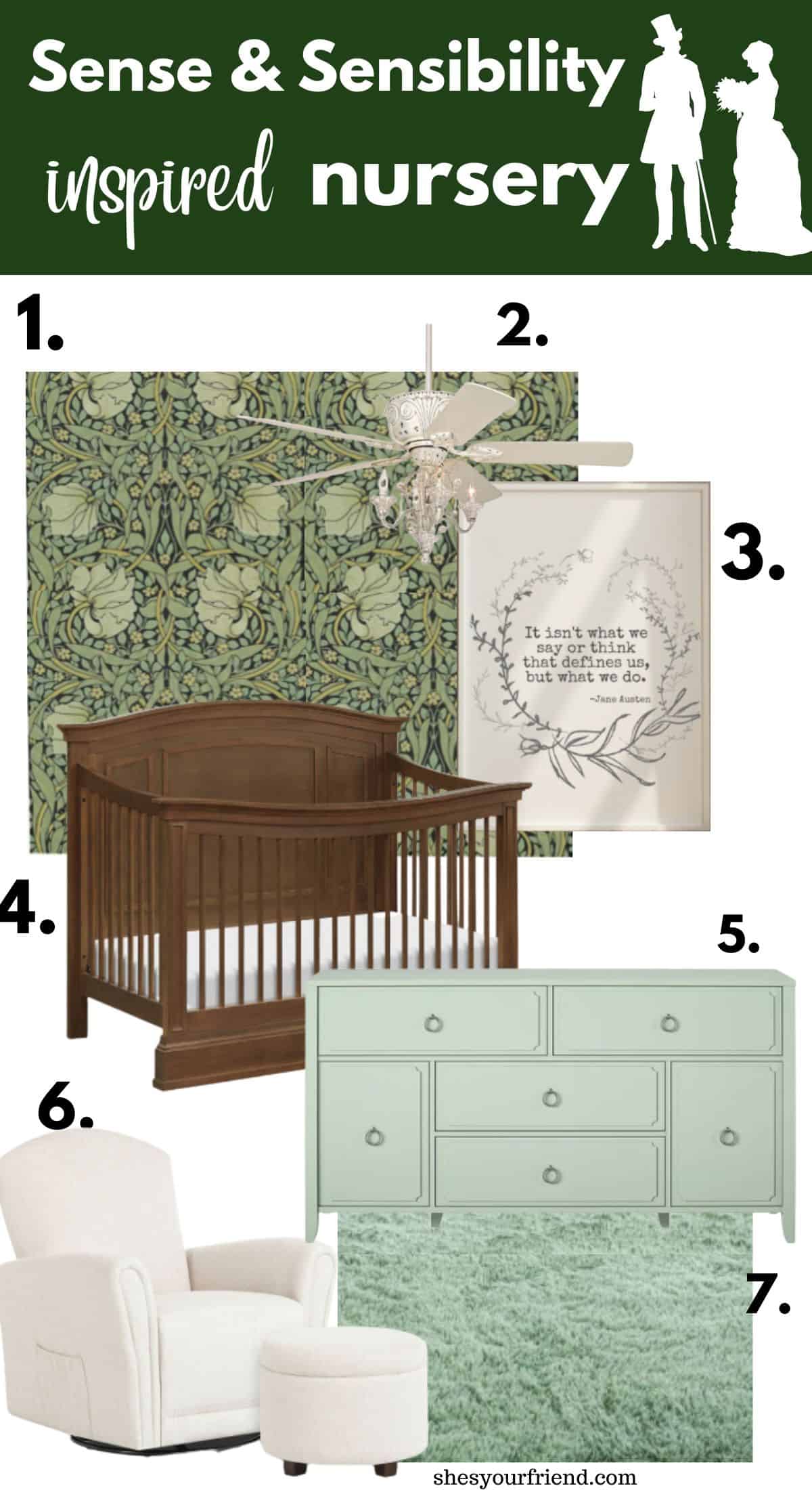 collage of wallpaper ceiling fan wall art crib dresser glider and foot stool and area rug with text overlay that reads sense and sensibility inspired nursery