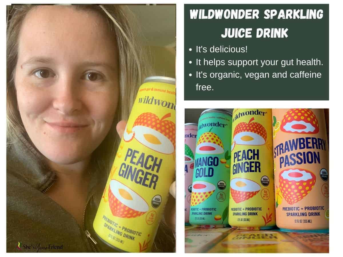 a woman holding a can of wildwonder sparkling juice drink and other cans and text overlay that reads wild wonder sparkling juice drink