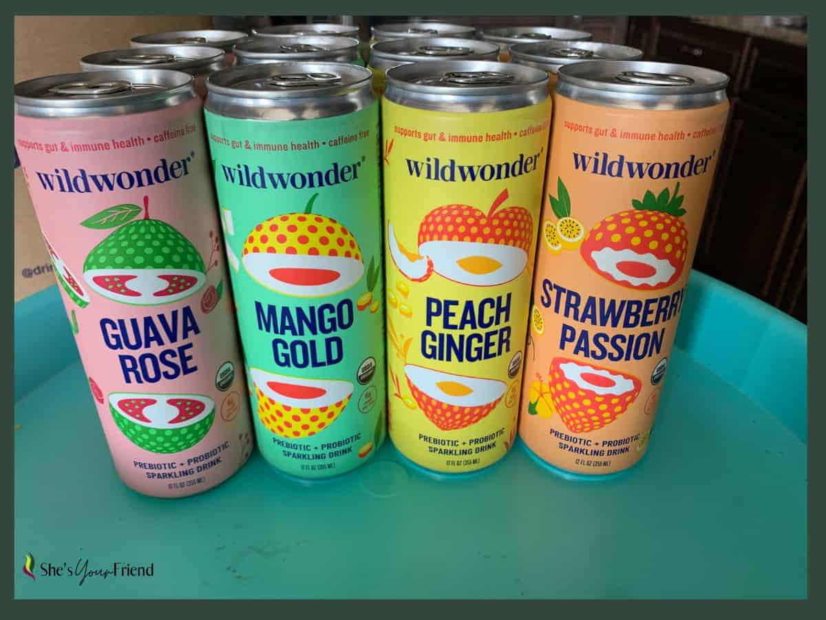 four different flavors of wild wonder sparkling juice drink including guava rose mango gold peach ginger and strawberry passion