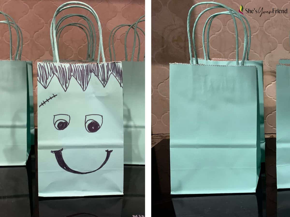 image of a gift bag decorated like frankenstein and a bag plain