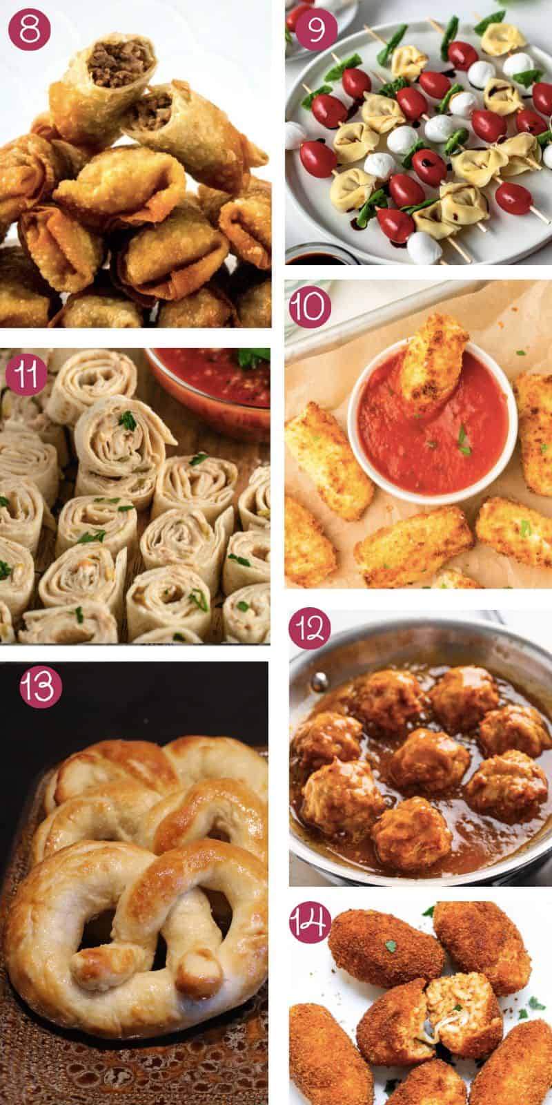 collage of seven appetizers and finger foods with labels 8 through 14