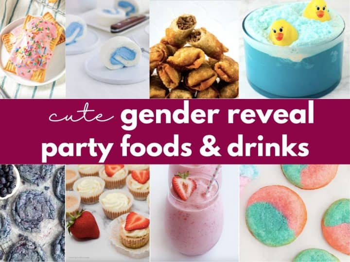 collage of eight different foods and drinks with text overlay that reads cute gender reveal party foods and drinks.