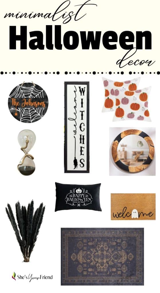 nine home decor items with text overlay that reads minimalist halloween home decor