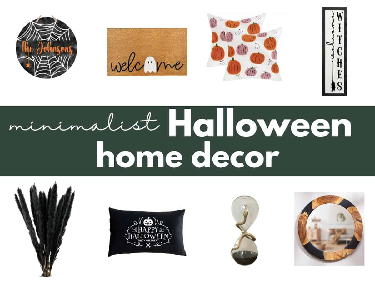 collage of eight home decor items with text overlay that reads minimalist halloween home decor