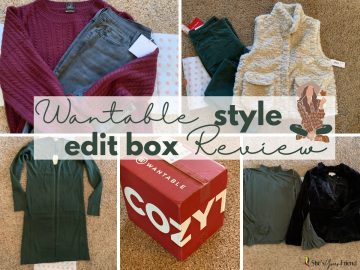 collage of five images showing a sweater jeans vest corduroy pants cardigan shirt, blazer and wantable box with text overlay that reads wantable style edit box review