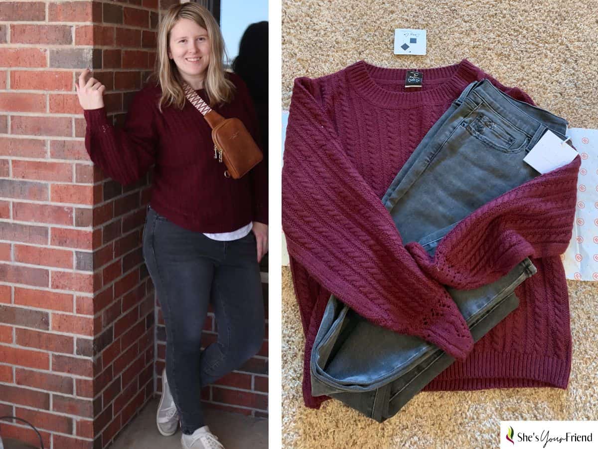 collage of a mom wearing some fall outfits from the wantable style box and a flatlay of a sweater and jeans