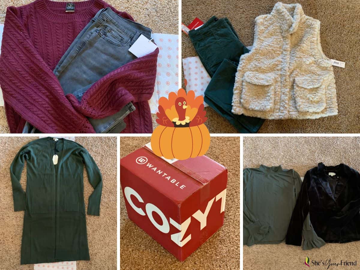 collage of five images showing a sweater jeans vest corduroy pants cardigan shirt, blazer and wantable box
