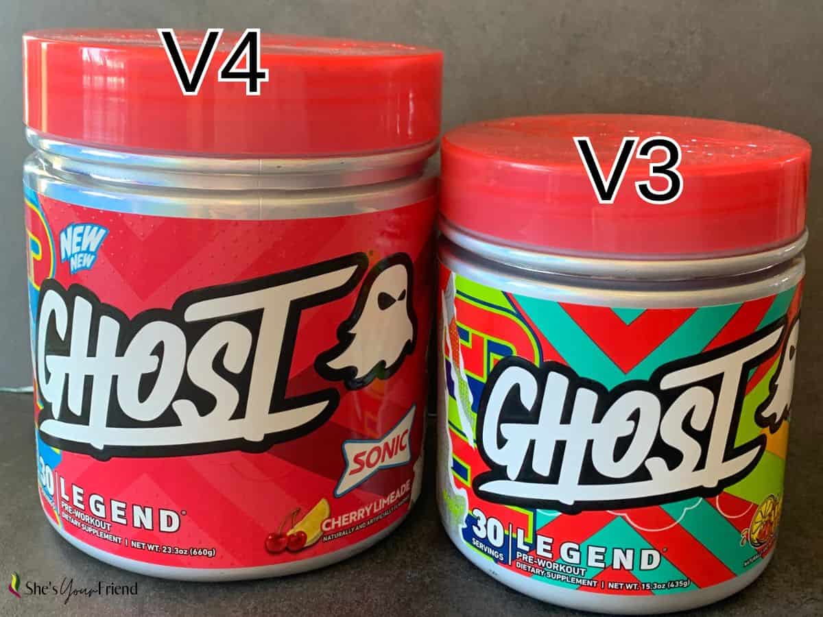 two containers of pre workout with text overlay that reads v4 and v3