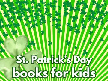 clovers on a green striped background with text overlay that reads st. patricks day books for kids