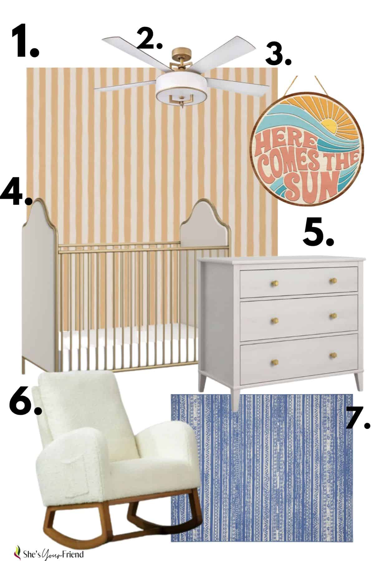yellow and white striped wallpaper, ceiling fan wall art that says here comes the sun a baby crib, dresser, glider and blue area rug that are all numbered