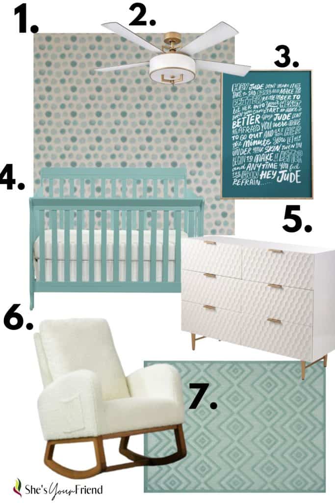 blue spotted wallpaper ceiling fan hey jude wall art teal crib white dresser white rocking chair and a teal area rug all numbered