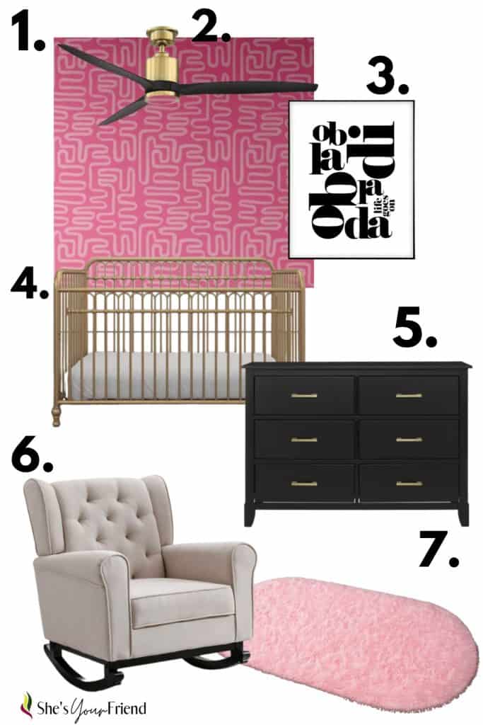 pink abstract wallpaper, ob la di ob la da life goes on wall art, gold baby crib, black dresser, white glider, and pink area rug all numbered