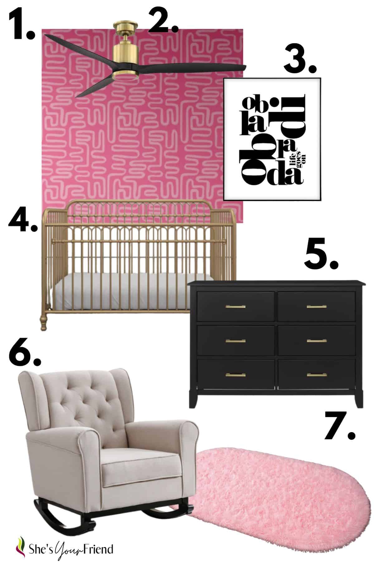 pink abstract wallpaper, ob la di ob la da life goes on wall art, gold baby crib, black dresser, white glider, and pink area rug all numbered