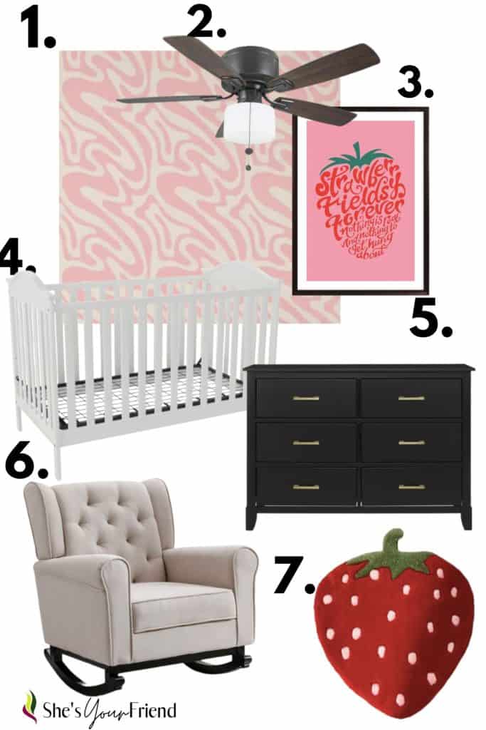pink wallpaper ceiling fan strawberry fields forever wall art white crib black dresser white glider and a strawberry shaped area rug all numbered