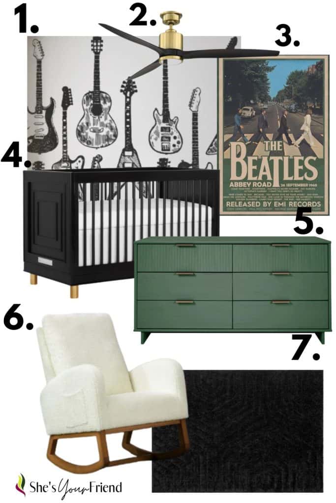guitar wallpaper the beatles poster a black crib green dresser white glider and black area rug all numbered