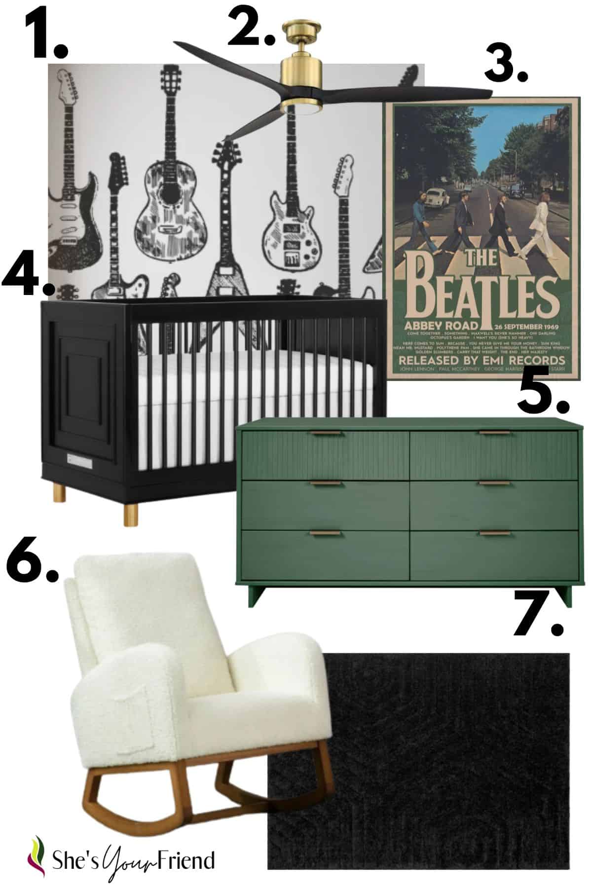 guitar wallpaper the beatles poster a black crib green dresser white glider and black area rug all numbered