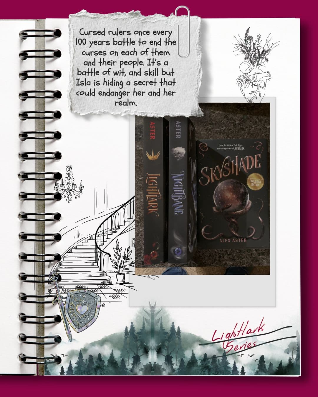 a collage showing light lark, night bane, and sky shade along with a brief synopsis of the series